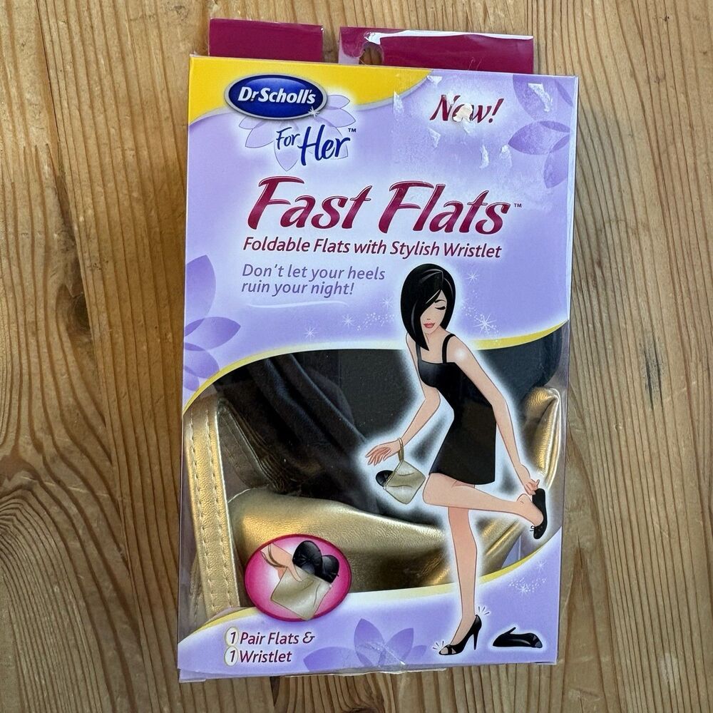 NEW Dr Scholls Fast Flats Black Gold Bag On the Go Travel  Women’s Shoe 7-8